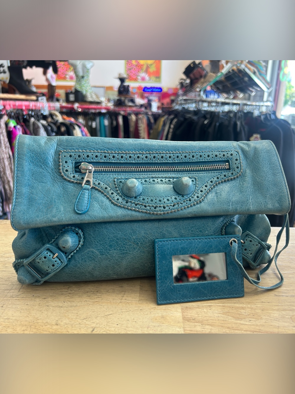 Balenciaga envelope Leather Clutch teal